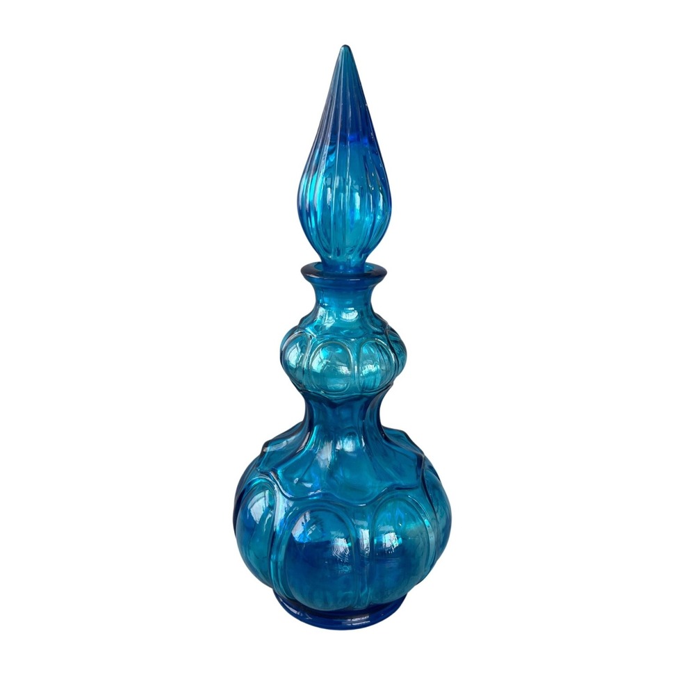 MCM Empoli Blue Art Glass Genie Bottle Decanter Flame Stopper Italy 1960s